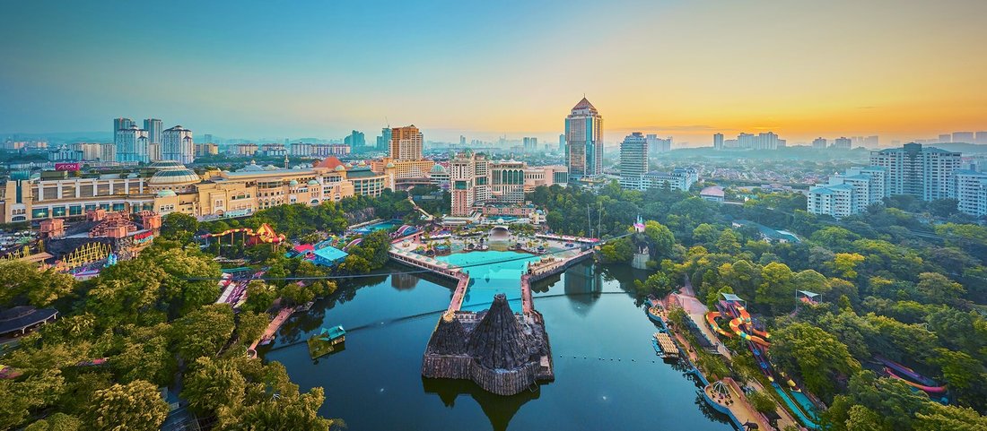 Aerial view of Sunway Lagoon and Sunway Resort Hotel, Kuala Lumpur, at sunset